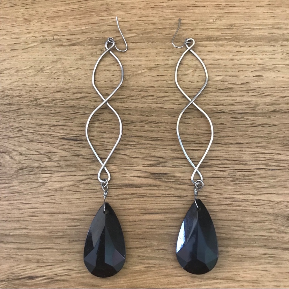 Faceted Teardrop Earrings Long Black and Silver